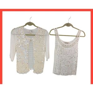Keke Collection Crochet Sequin Tank Cardigan Set Fairy Y2K Boho Glam Womens XS S